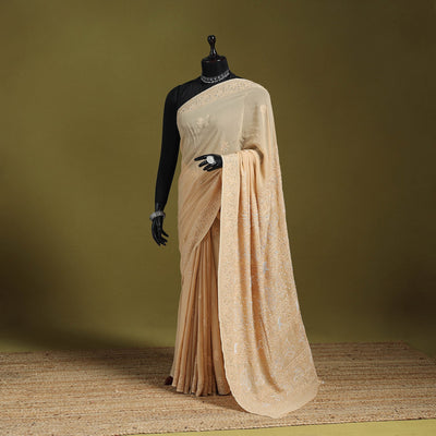 Beige - mukaish hand embroidered georgette heavy beadwork