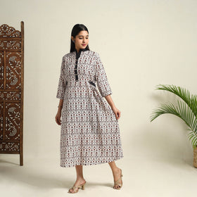 Buy Beige Block Print Mul Cotton Bagh Dress
