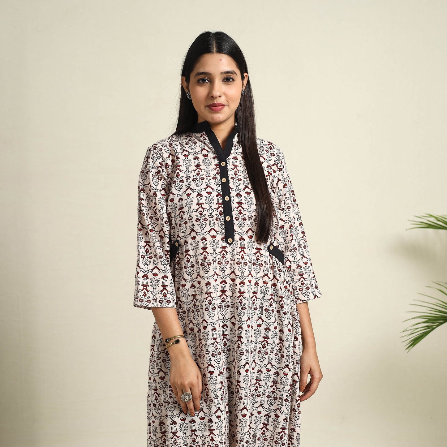 Buy Beige Block Print Mul Cotton Bagh Dress