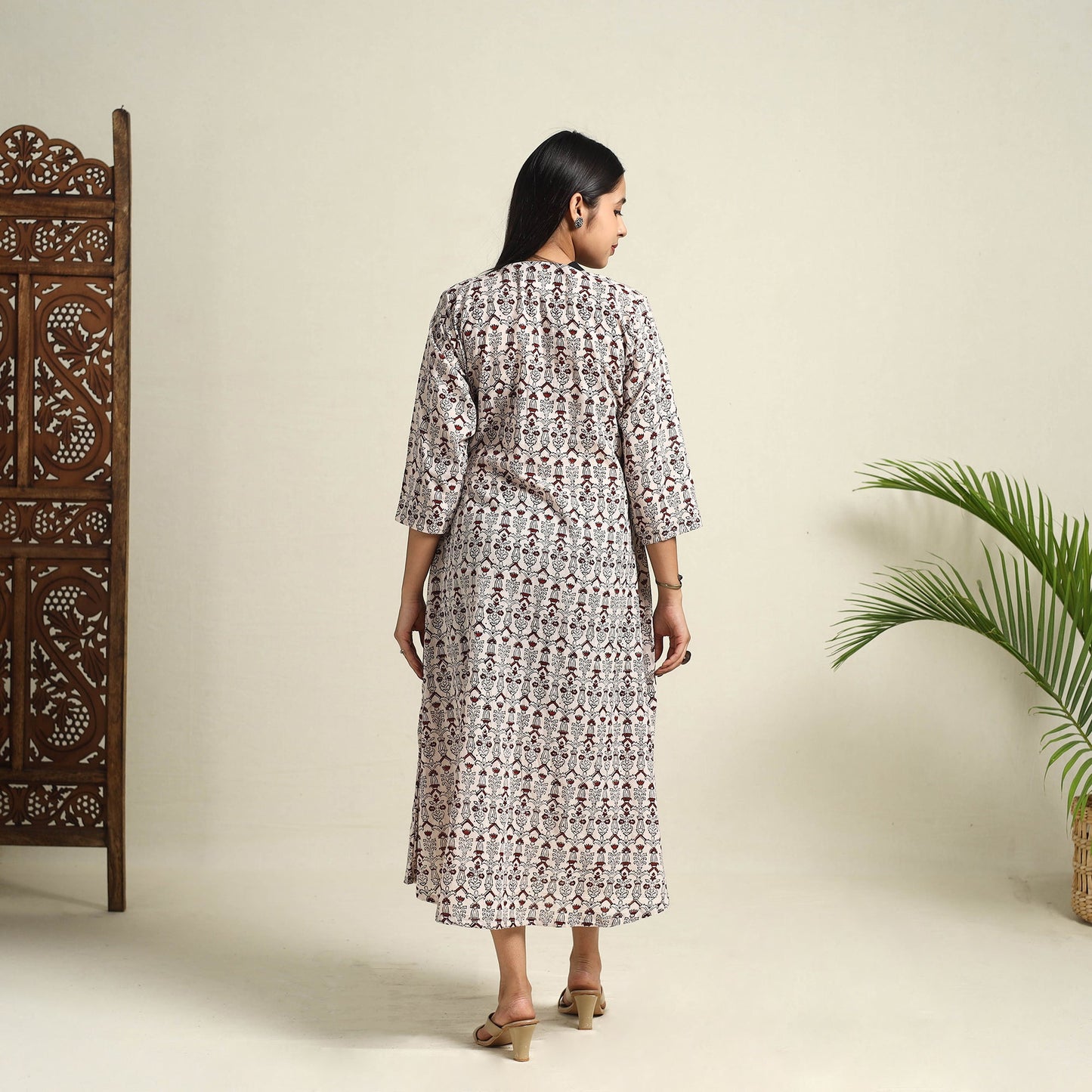Buy Beige Block Print Mul Cotton Bagh Dress