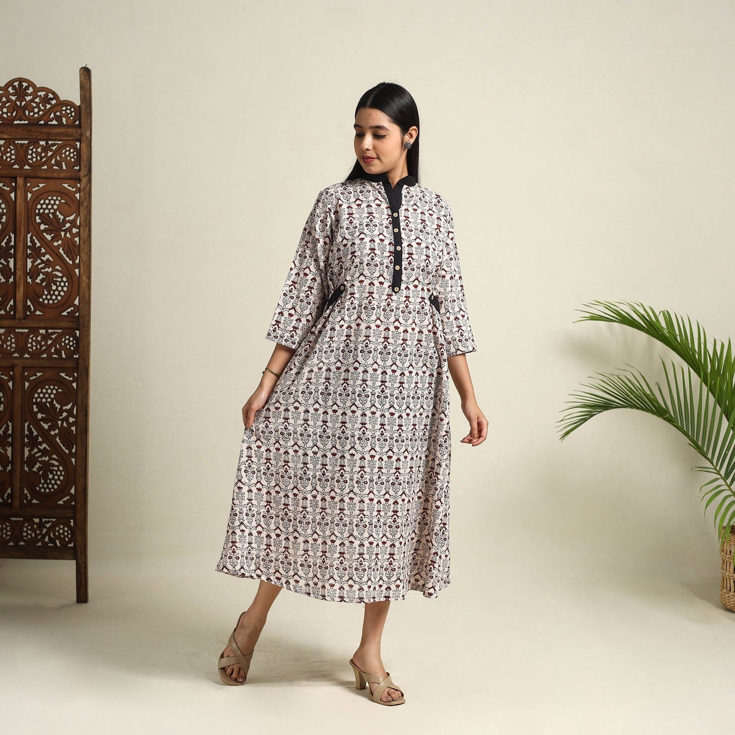 Buy Beige Block Print Mul Cotton Bagh Dress