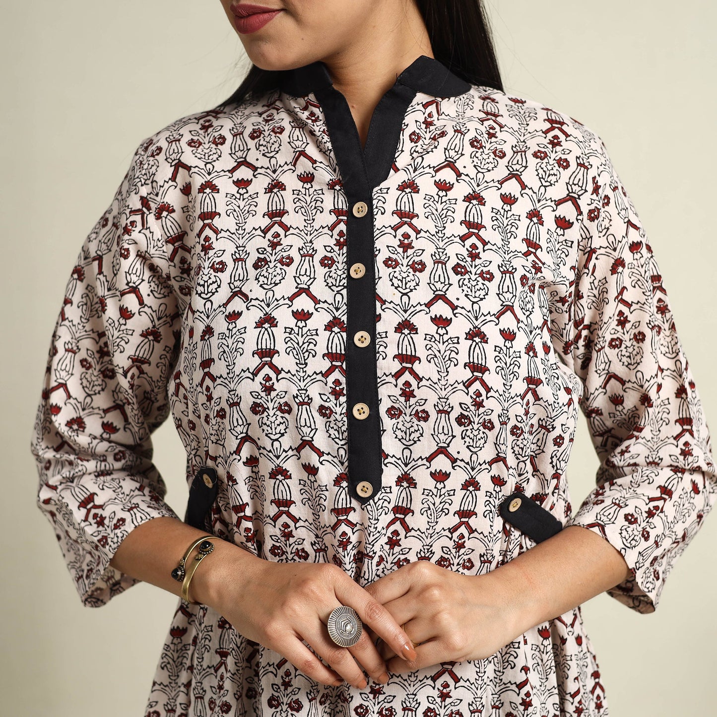 Buy Beige Block Print Mul Cotton Bagh Dress