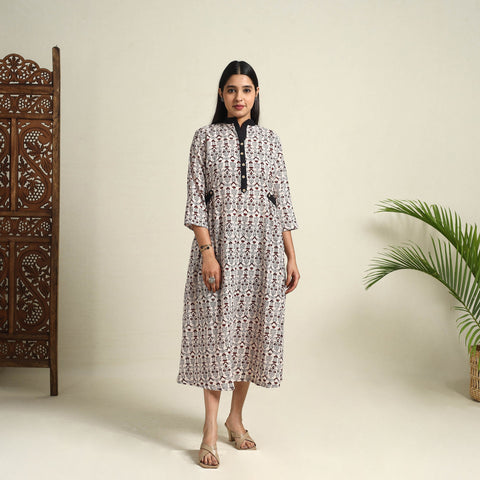 Buy Beige Block Print Mul Cotton Bagh Dress