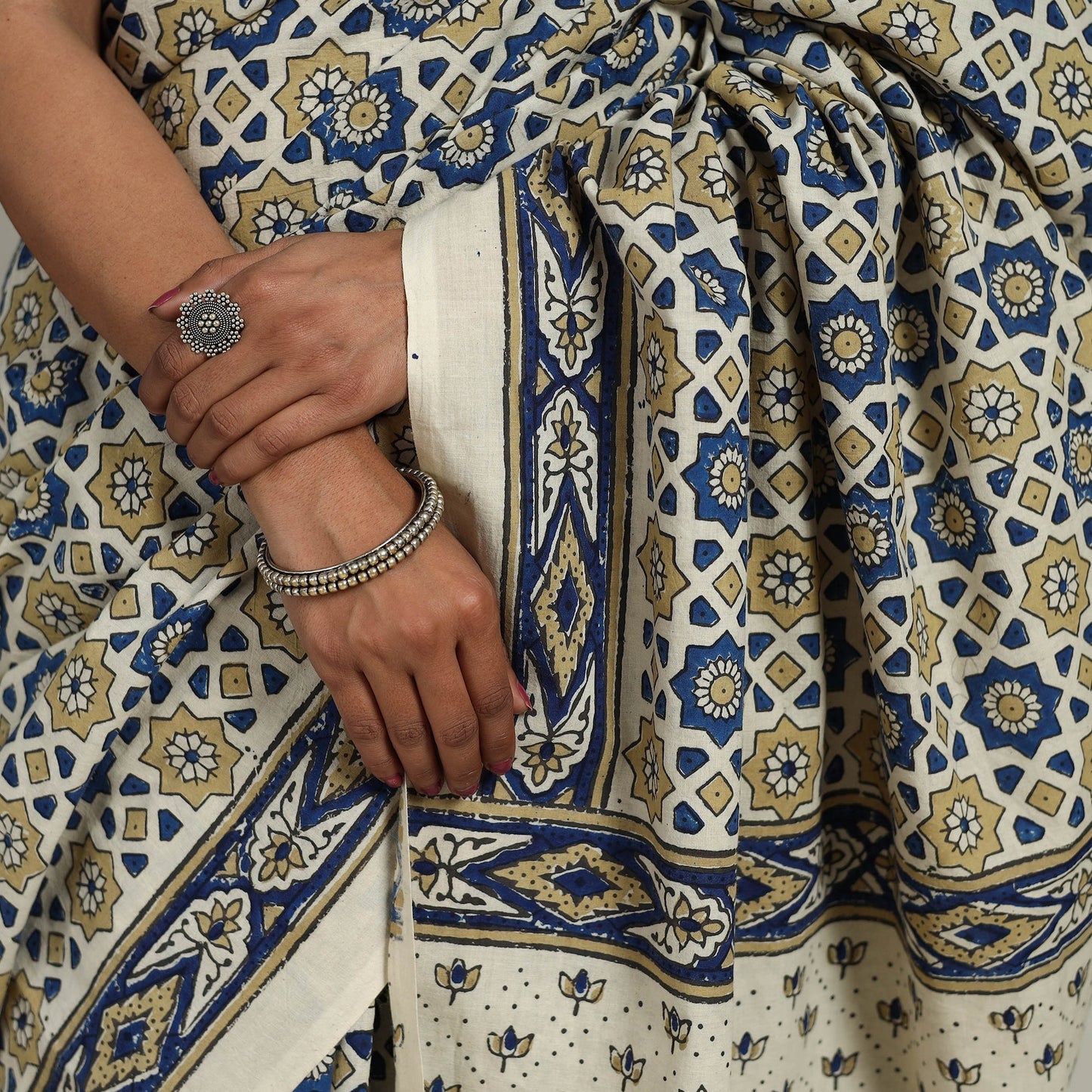 Multicolor - Mul Cotton Block Print Ajrakh Saree 06