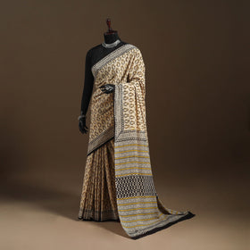 Beige - mul cotton hand bagru saree 11 - handcrafted