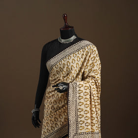 Beige - mul cotton hand bagru saree 11 - handcrafted