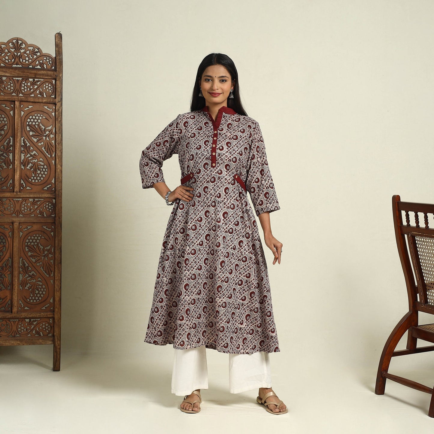  Beige Block Print Mul Cotton A-Line Bagh Kurta for Women