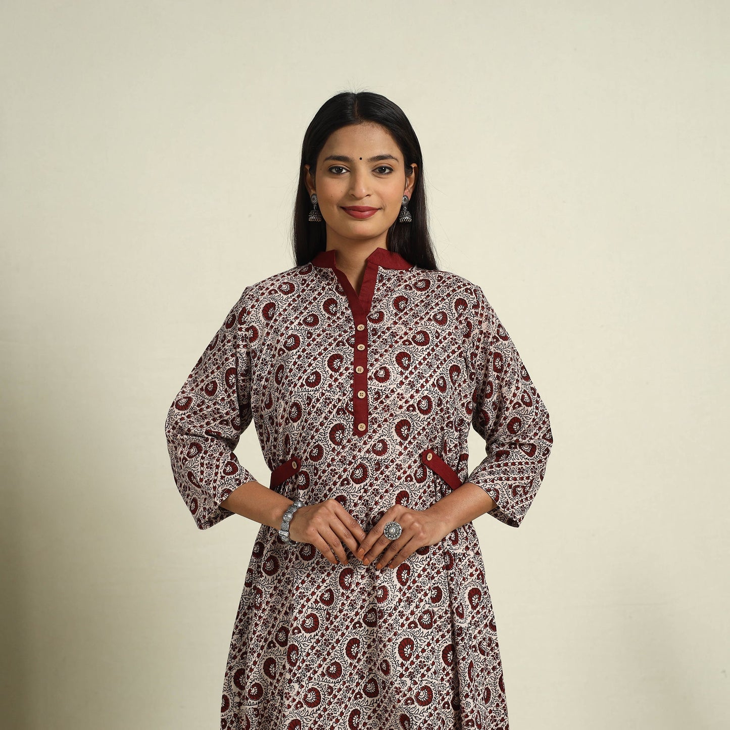  Beige Block Print Mul Cotton A-Line Bagh Kurta for Women