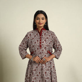  Beige Block Print Mul Cotton A-Line Bagh Kurta for Women