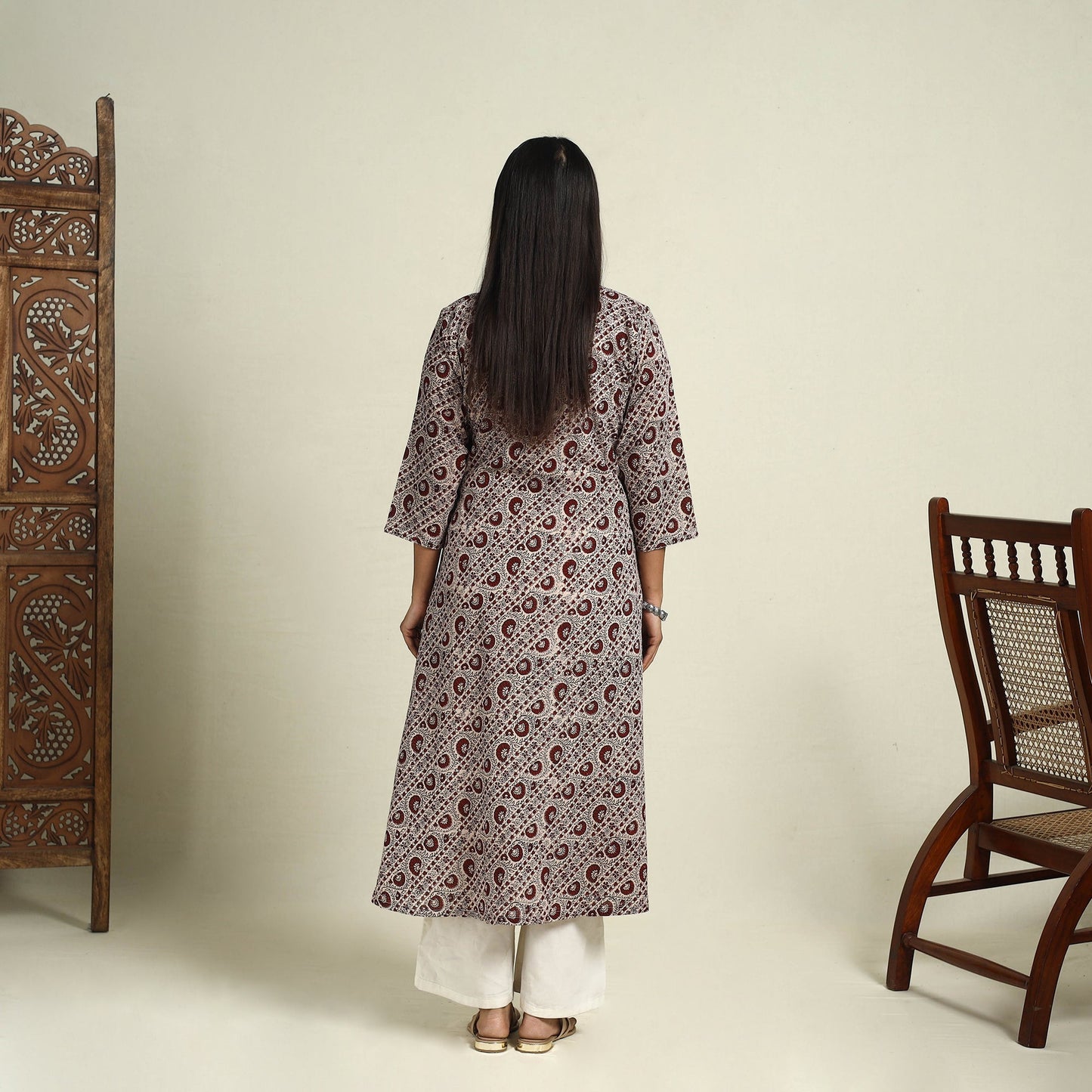  Beige Block Print Mul Cotton A-Line Bagh Kurta for Women