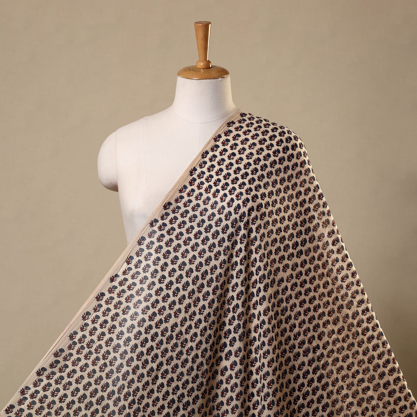 Beige Block Print Mul Cotton Natural Dyed Ajrakh Fabric