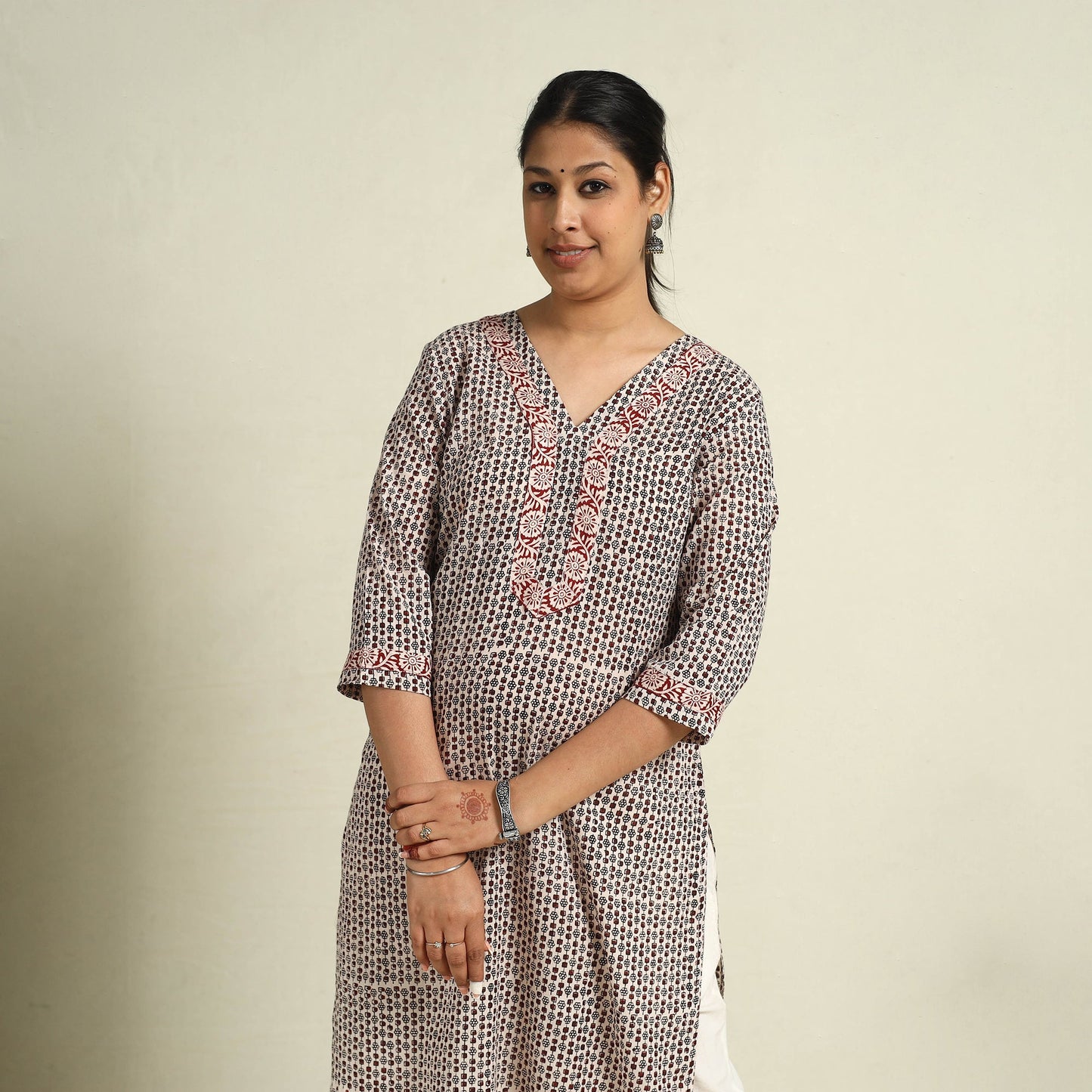  Beige Block Print Mul Cotton Straight Bagh Kurta for Women