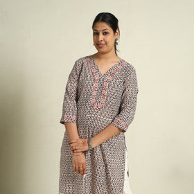  Beige Block Print Mul Cotton Straight Bagh Kurta for Women