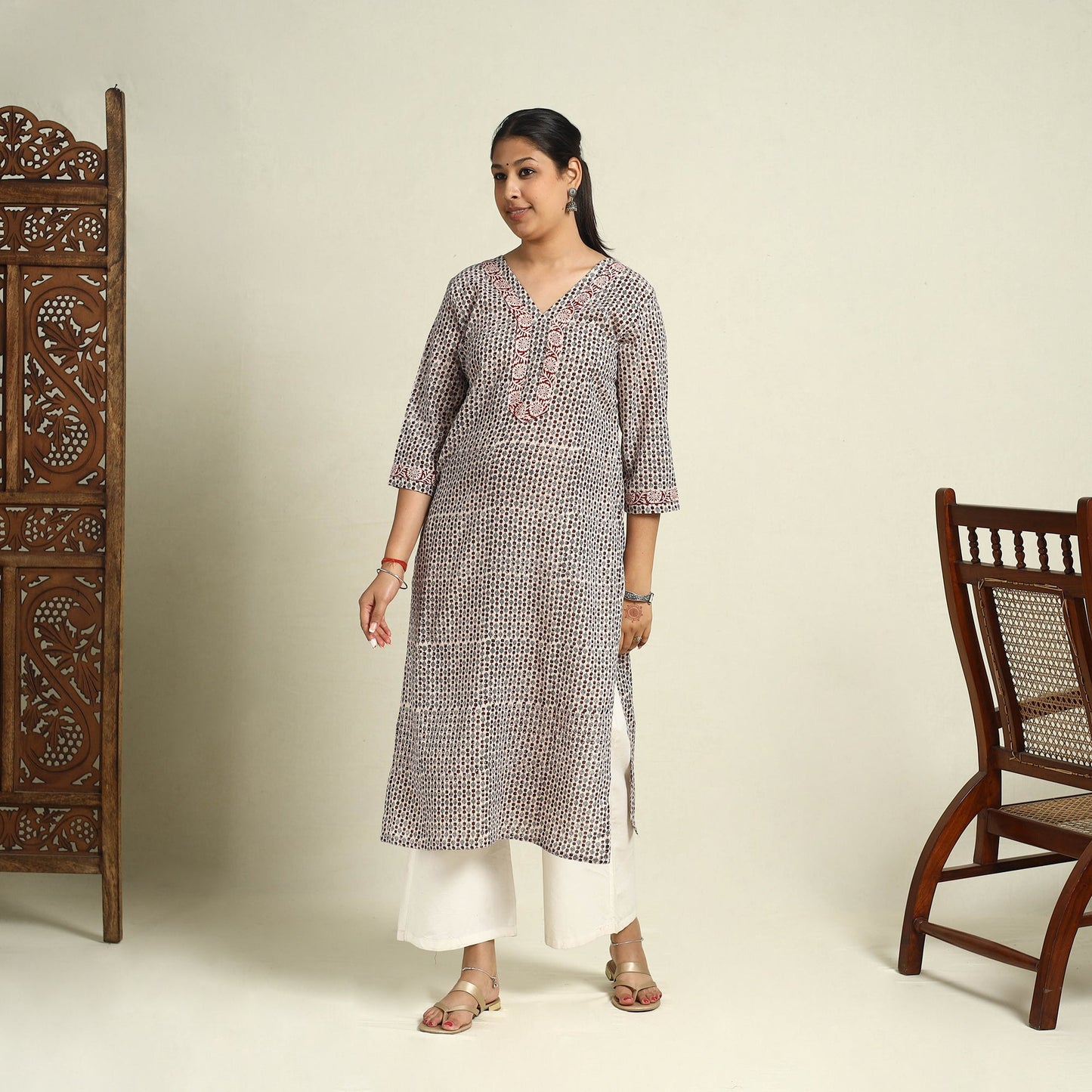  Beige Block Print Mul Cotton Straight Bagh Kurta for Women