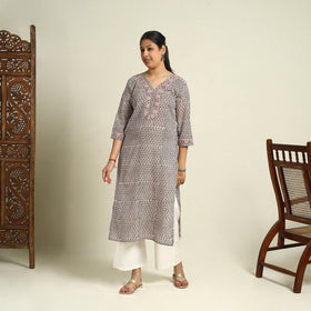  Beige Block Print Mul Cotton Straight Bagh Kurta for Women