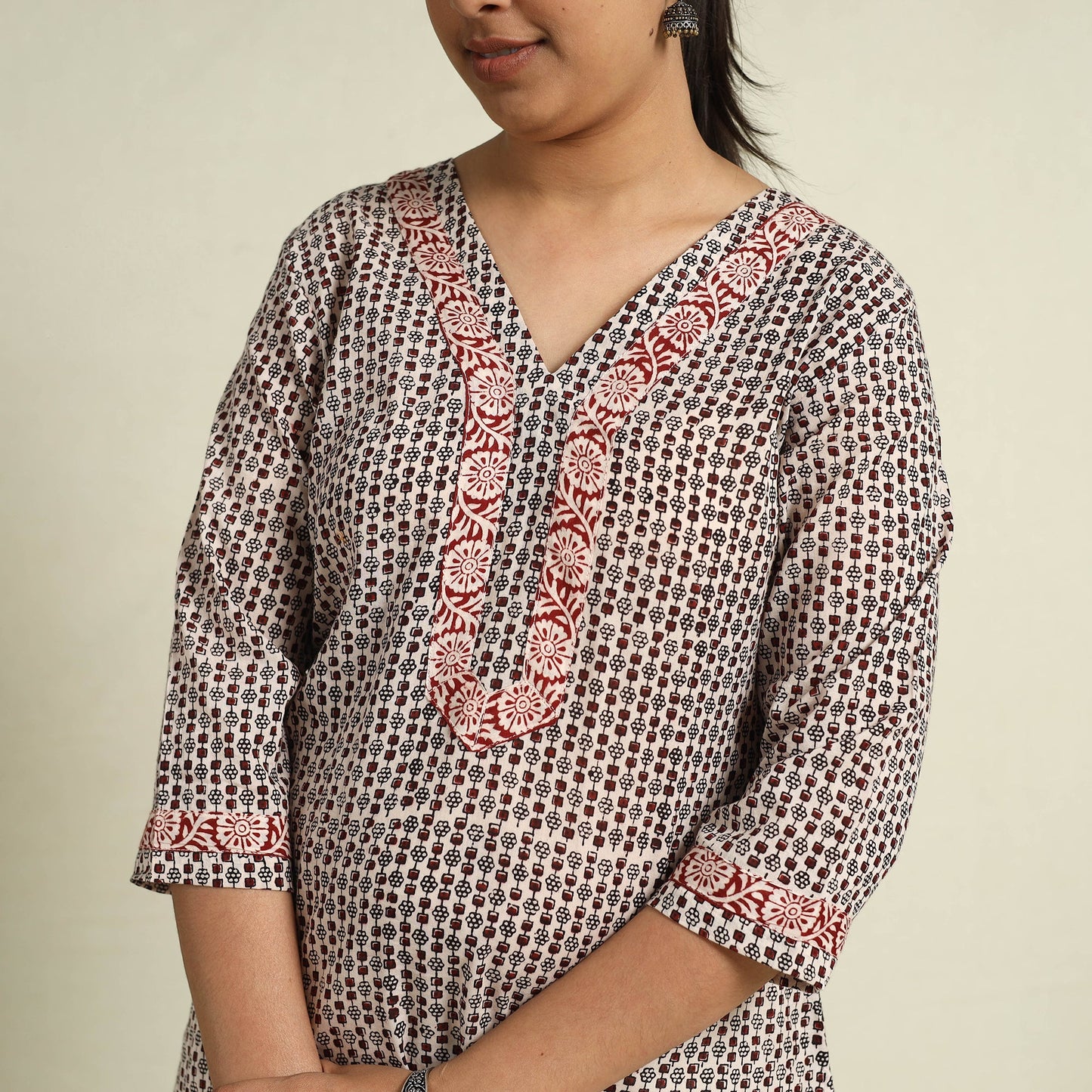  Beige Block Print Mul Cotton Straight Bagh Kurta for Women