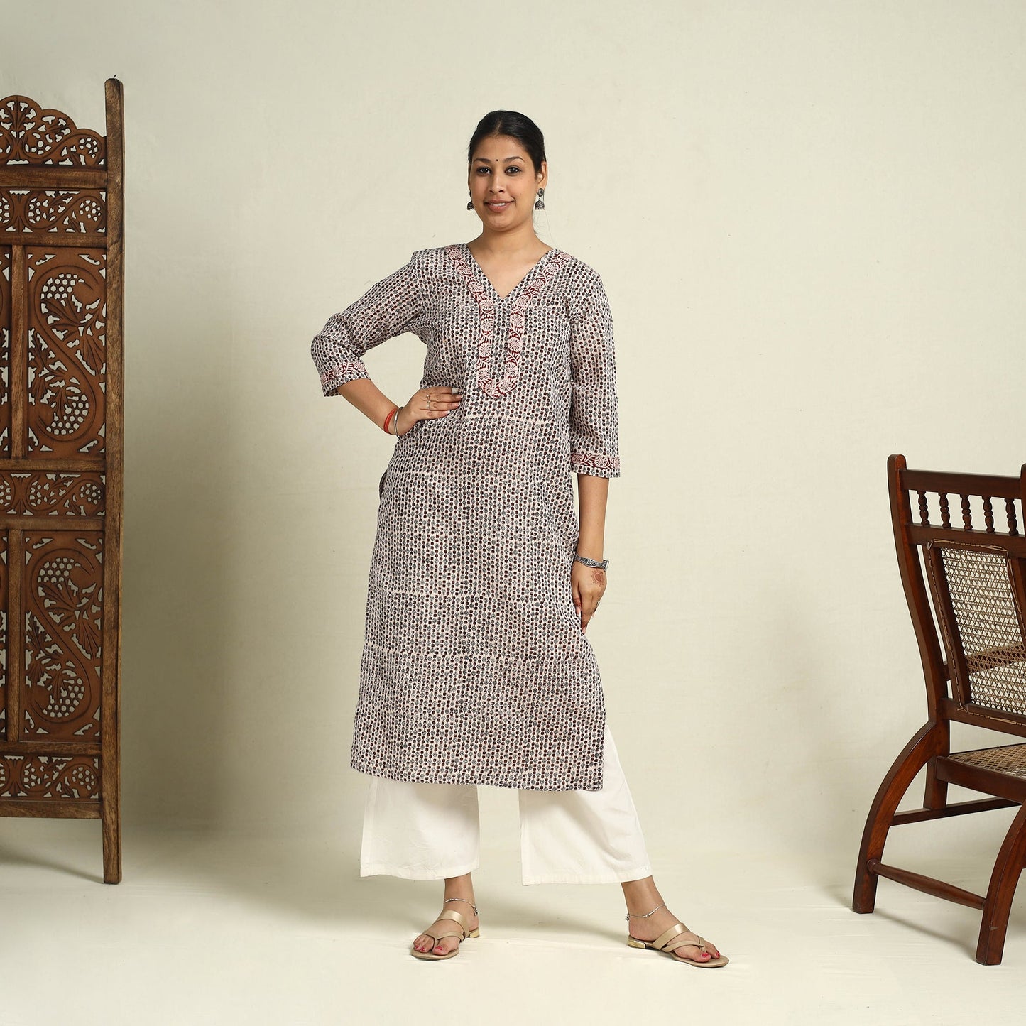  Beige Block Print Mul Cotton Straight Bagh Kurta for Women