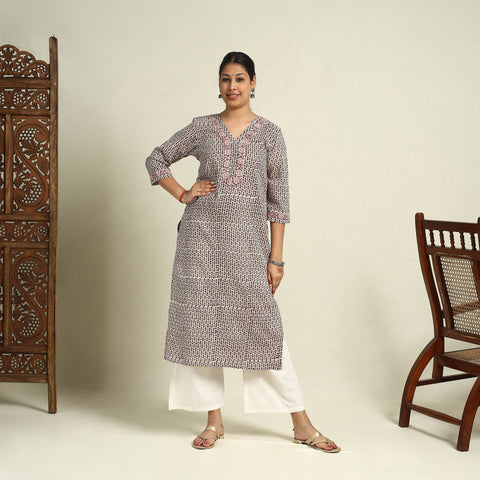  Beige Block Print Mul Cotton Straight Bagh Kurta for Women