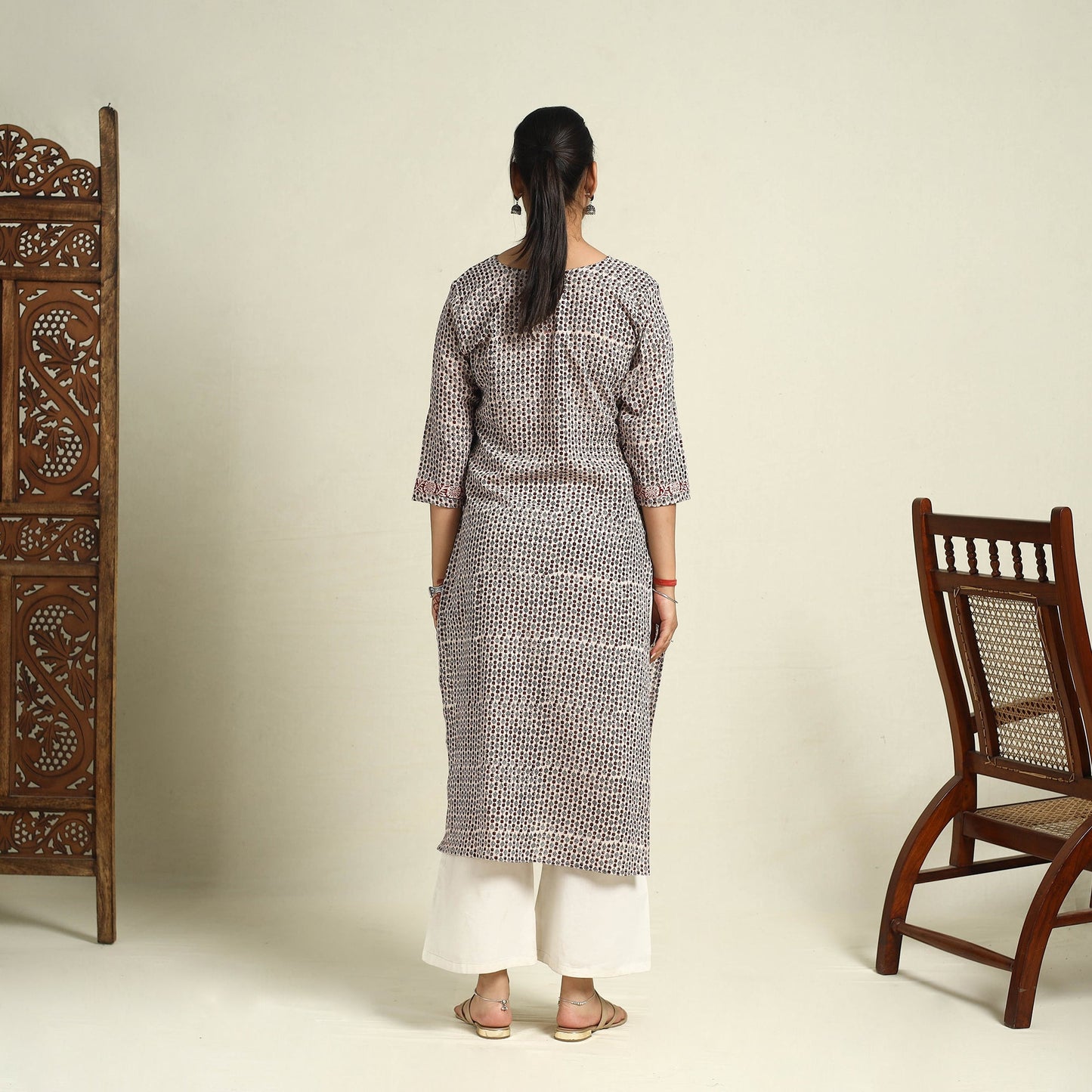  Beige Block Print Mul Cotton Straight Bagh Kurta for Women