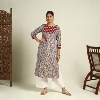 Buy Beige Block Print Mul Cotton Straight Bagh Kurta for Women
