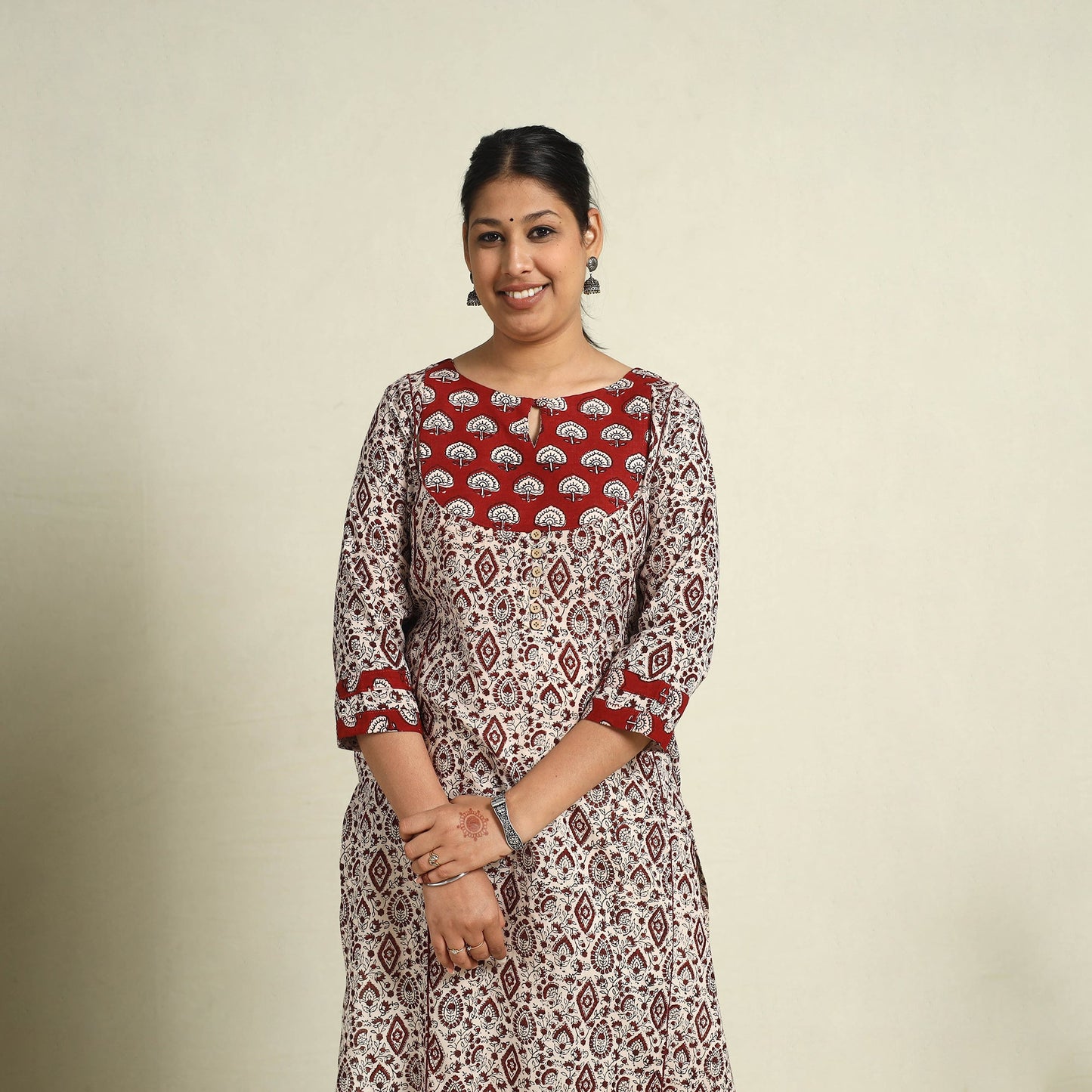 Buy Beige Block Print Mul Cotton Straight Bagh Kurta for Women