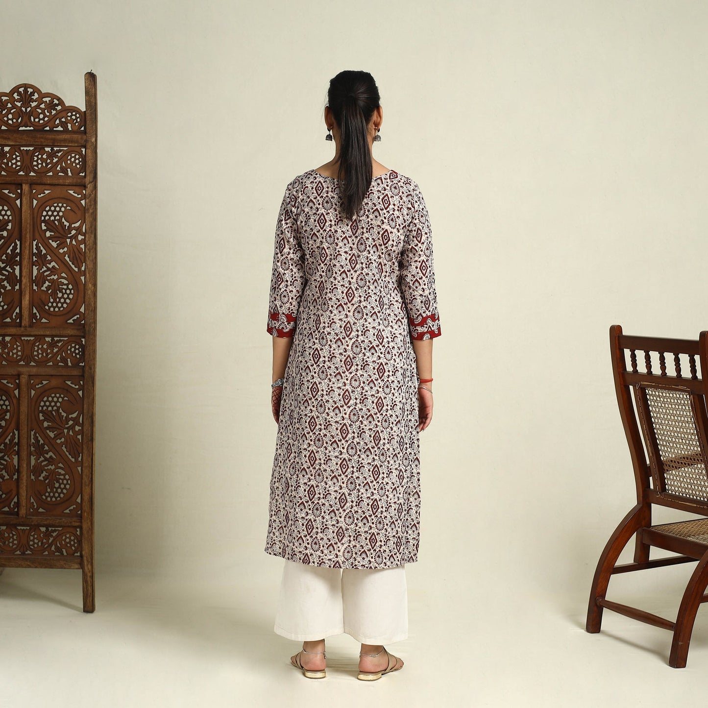 Buy Beige Block Print Mul Cotton Straight Bagh Kurta for Women