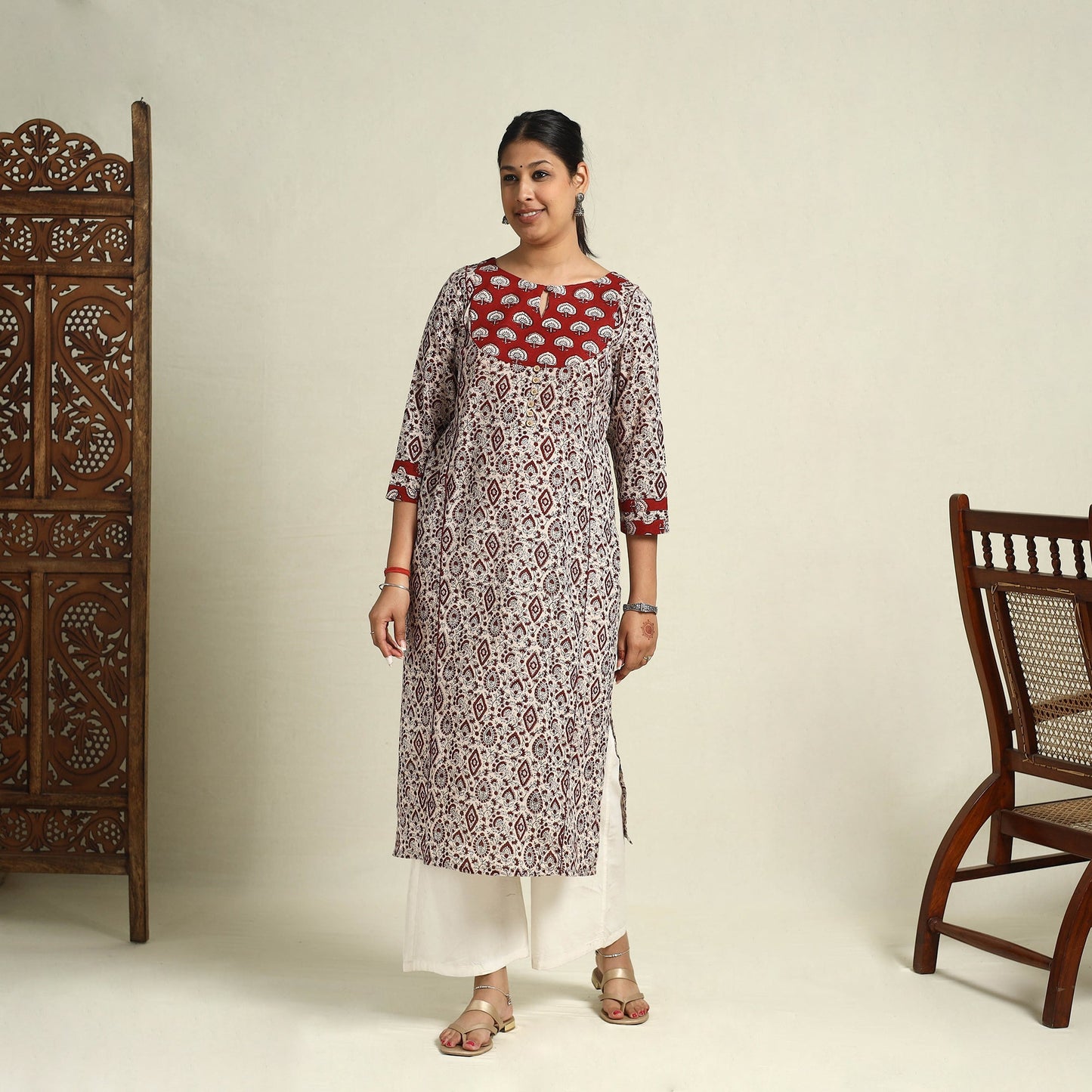 Buy Beige Block Print Mul Cotton Straight Bagh Kurta for Women