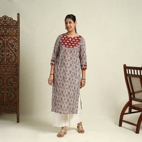 Buy Beige Block Print Mul Cotton Straight Bagh Kurta for Women