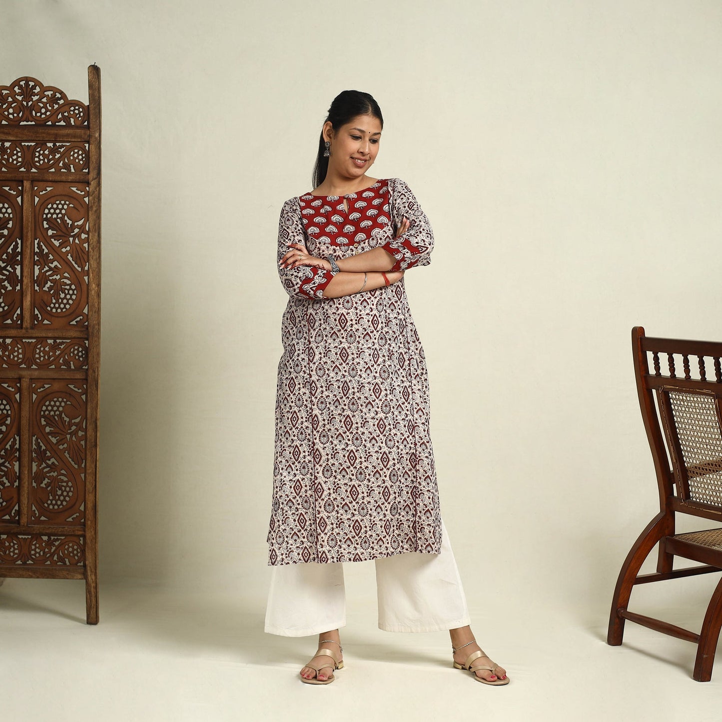 Buy Beige Block Print Mul Cotton Straight Bagh Kurta for Women