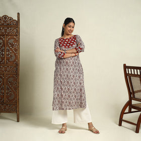 Buy Beige Block Print Mul Cotton Straight Bagh Kurta for Women