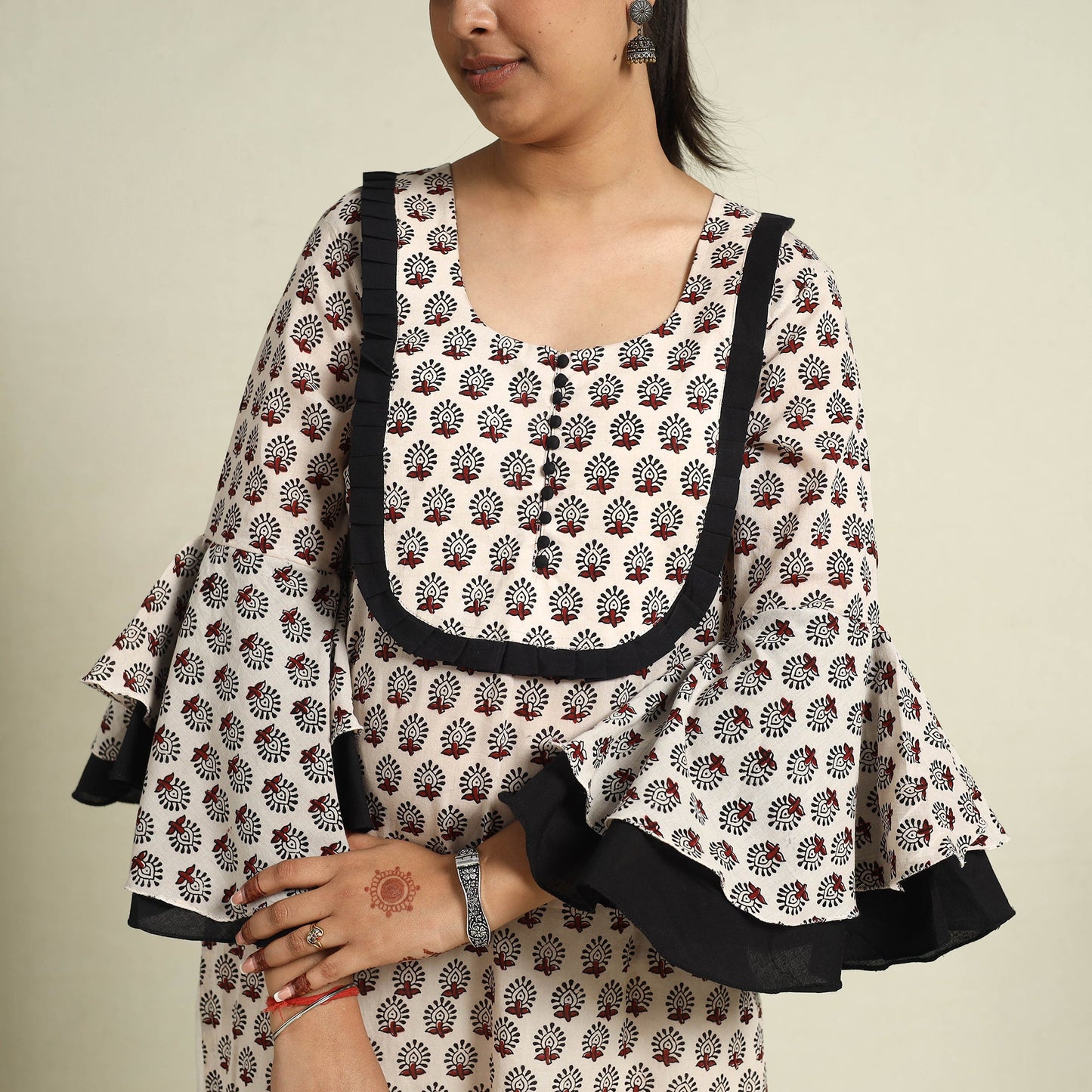  Beige Block Print Mul Cotton Straight Bagh Kurta for Women
