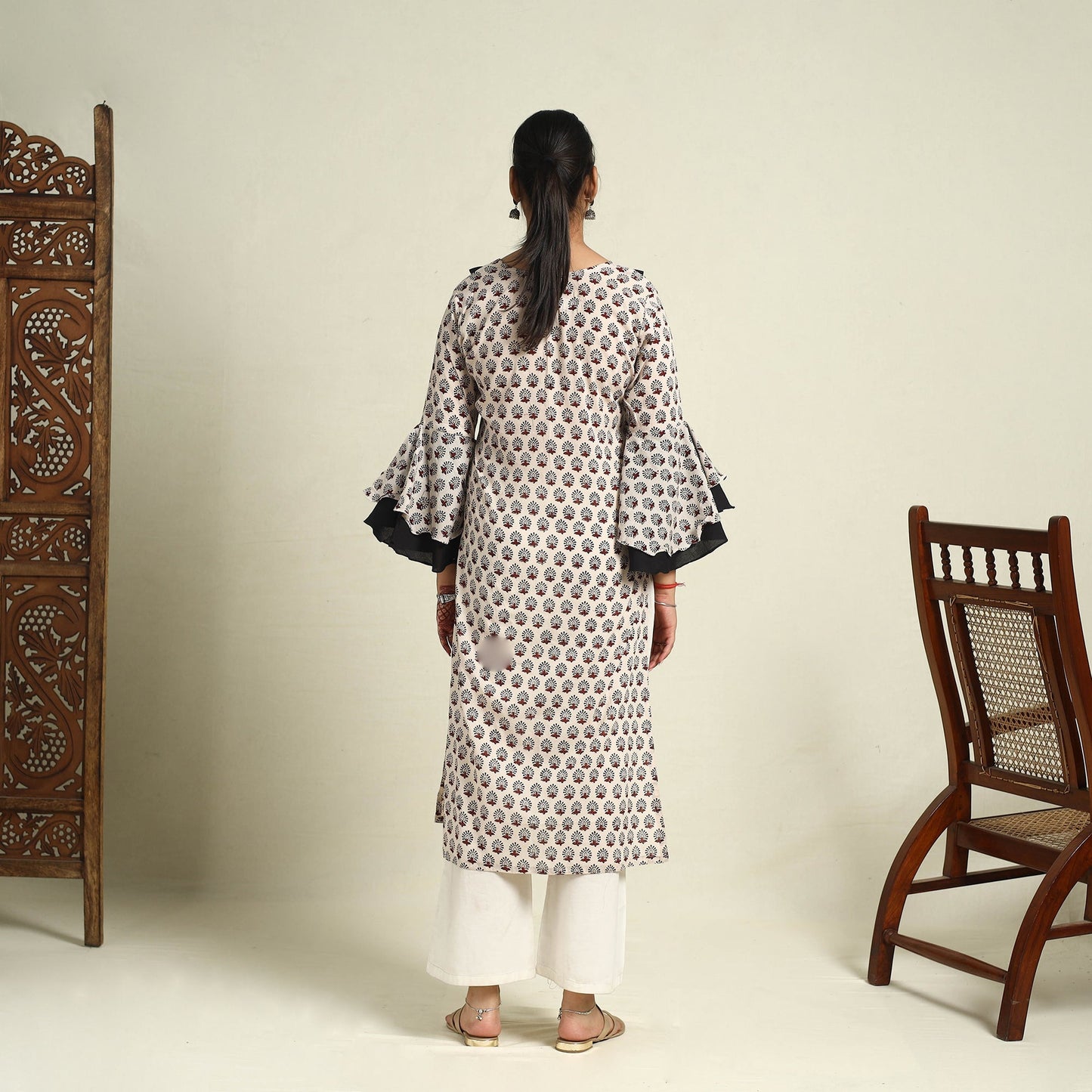  Beige Block Print Mul Cotton Straight Bagh Kurta for Women