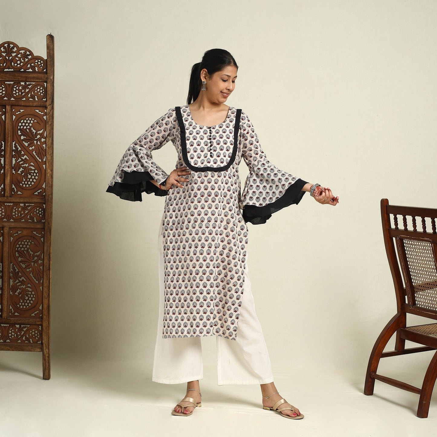  Beige Block Print Mul Cotton Straight Bagh Kurta for Women