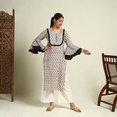  Beige Block Print Mul Cotton Straight Bagh Kurta for Women