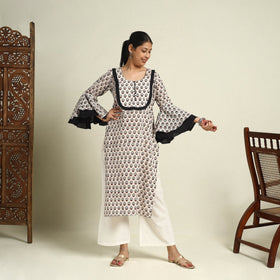  Beige Block Print Mul Cotton Straight Bagh Kurta for Women
