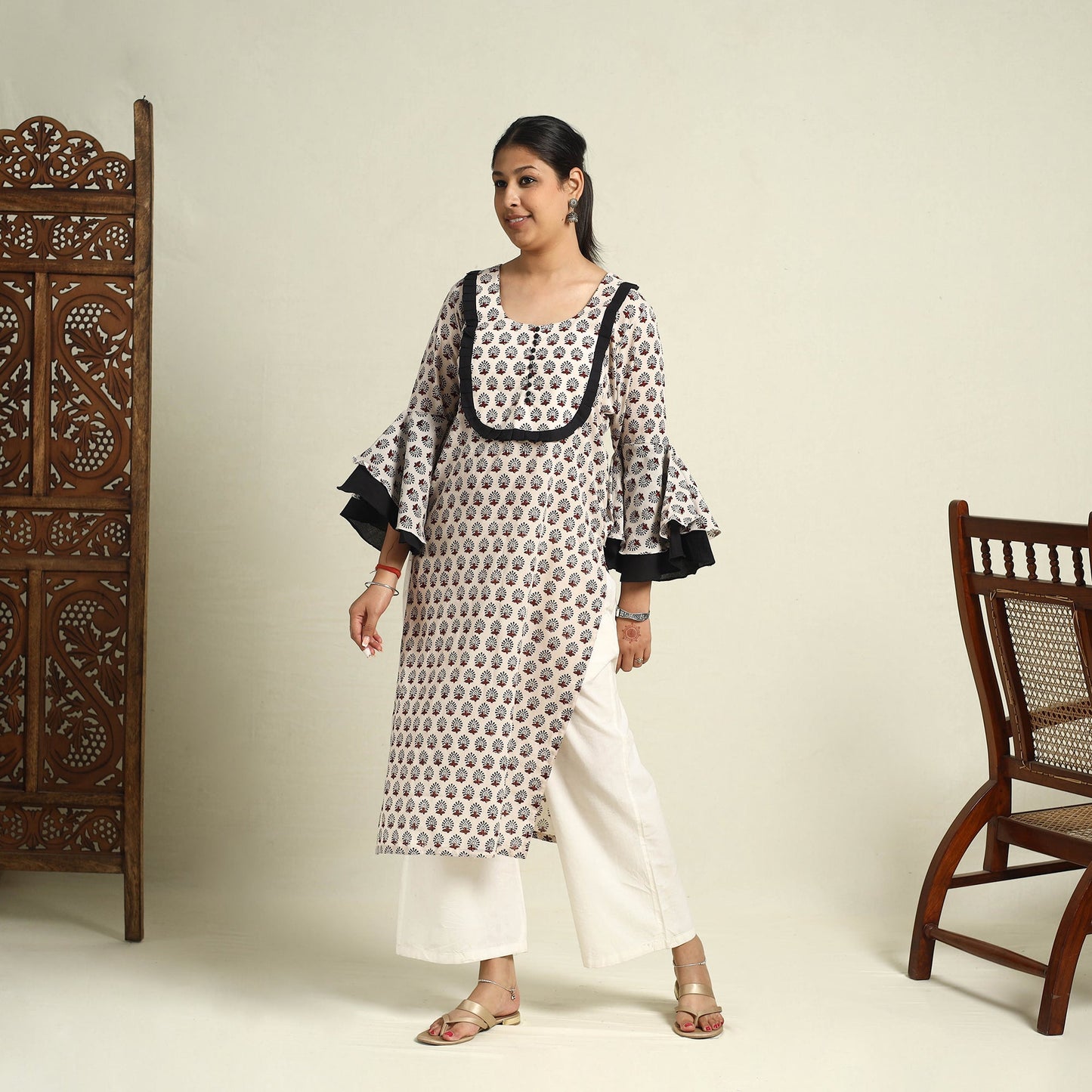  Beige Block Print Mul Cotton Straight Bagh Kurta for Women
