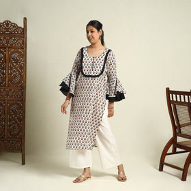  Beige Block Print Mul Cotton Straight Bagh Kurta for Women
