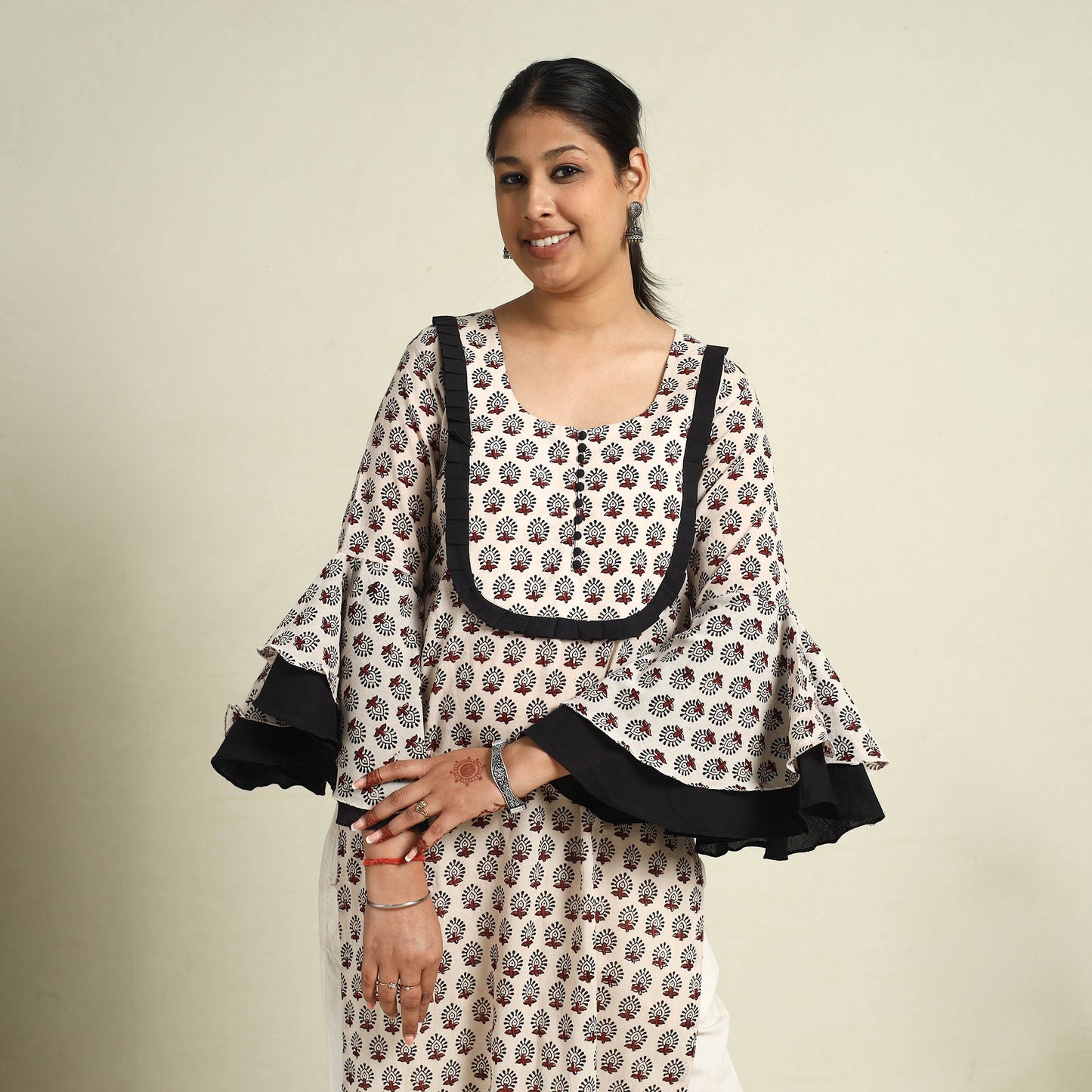  Beige Block Print Mul Cotton Straight Bagh Kurta for Women