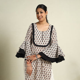  Beige Block Print Mul Cotton Straight Bagh Kurta for Women