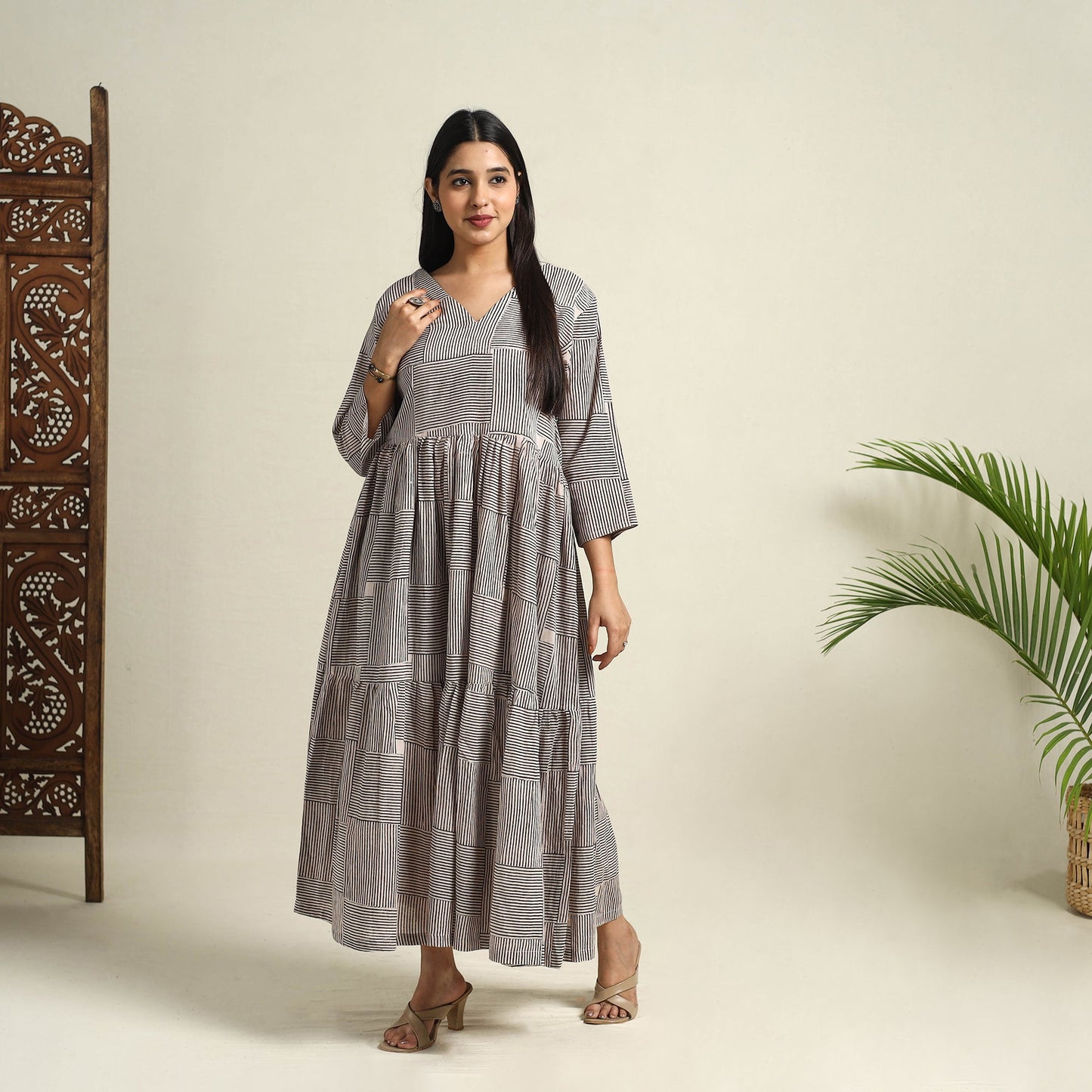 Buy Beige Block Print Mul Cotton Tiered Bagh Dress