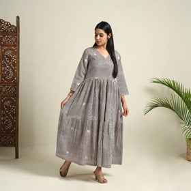 Buy Beige Block Print Mul Cotton Tiered Bagh Dress