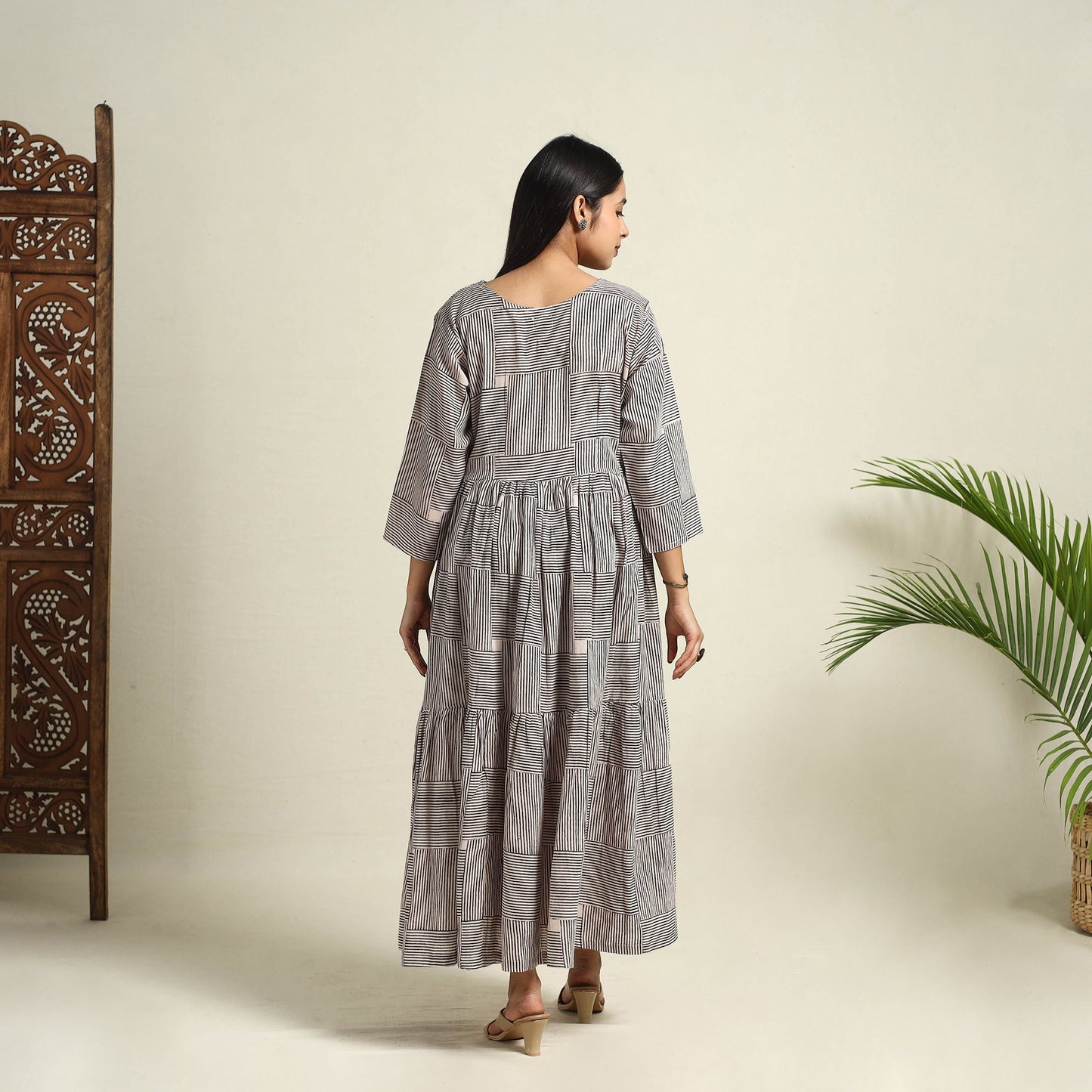 Buy Beige Block Print Mul Cotton Tiered Bagh Dress