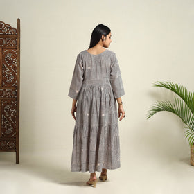 Buy Beige Block Print Mul Cotton Tiered Bagh Dress