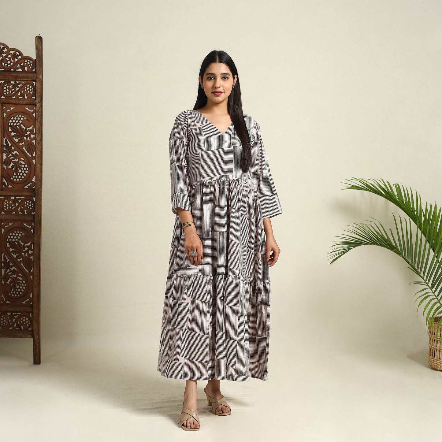 Buy Beige Block Print Mul Cotton Tiered Bagh Dress