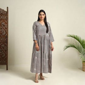 Buy Beige Block Print Mul Cotton Tiered Bagh Dress
