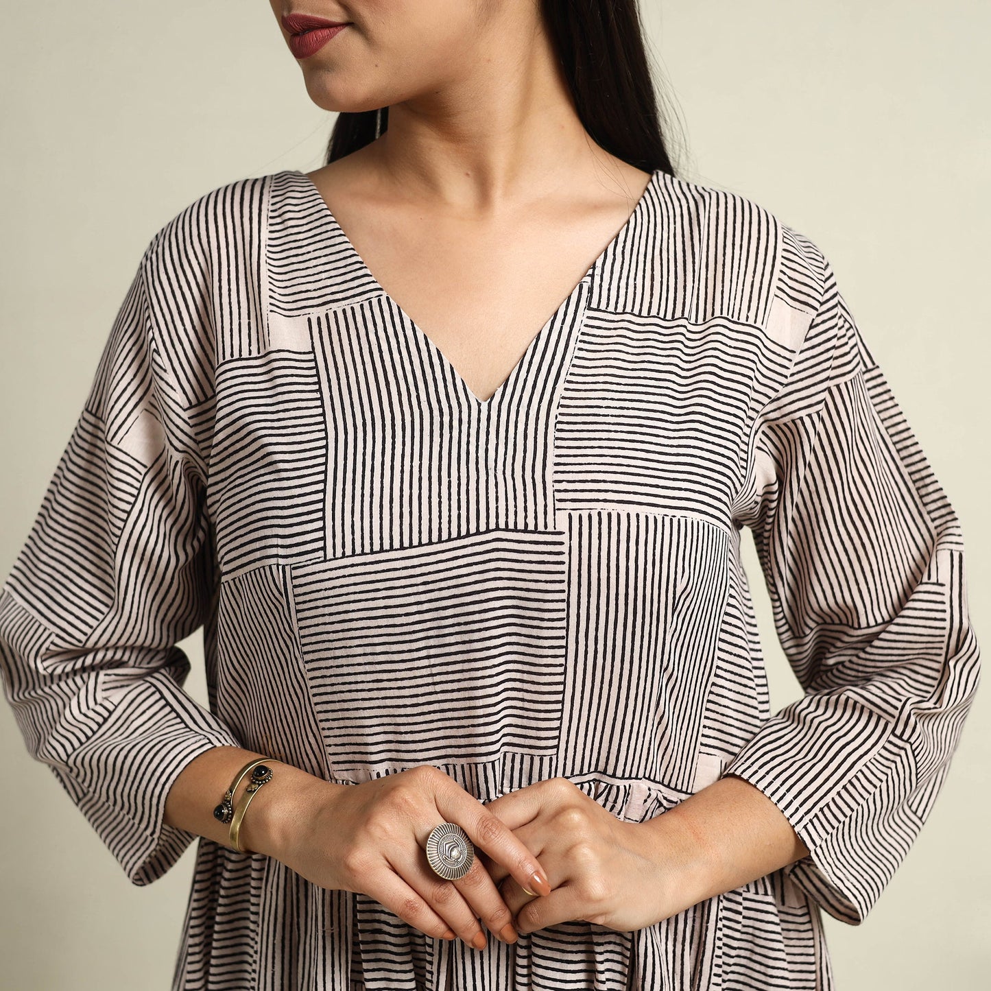 Buy Beige Block Print Mul Cotton Tiered Bagh Dress