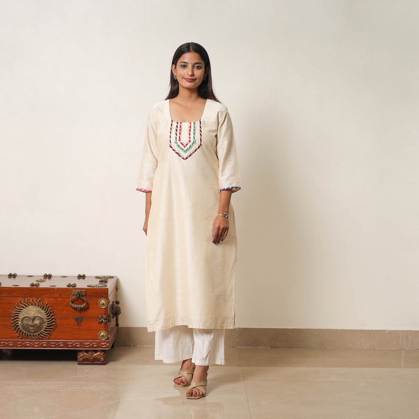 Buy Najia Cream Gota Work Slub Silk Plain Kurta for Women