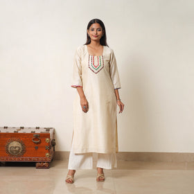 Buy Najia Cream Gota Work Slub Silk Plain Kurta for Women