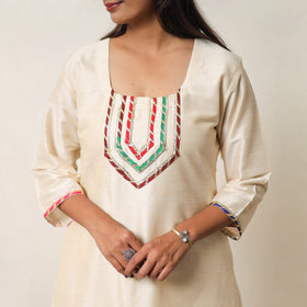 Buy Najia Cream Gota Work Slub Silk Plain Kurta for Women
