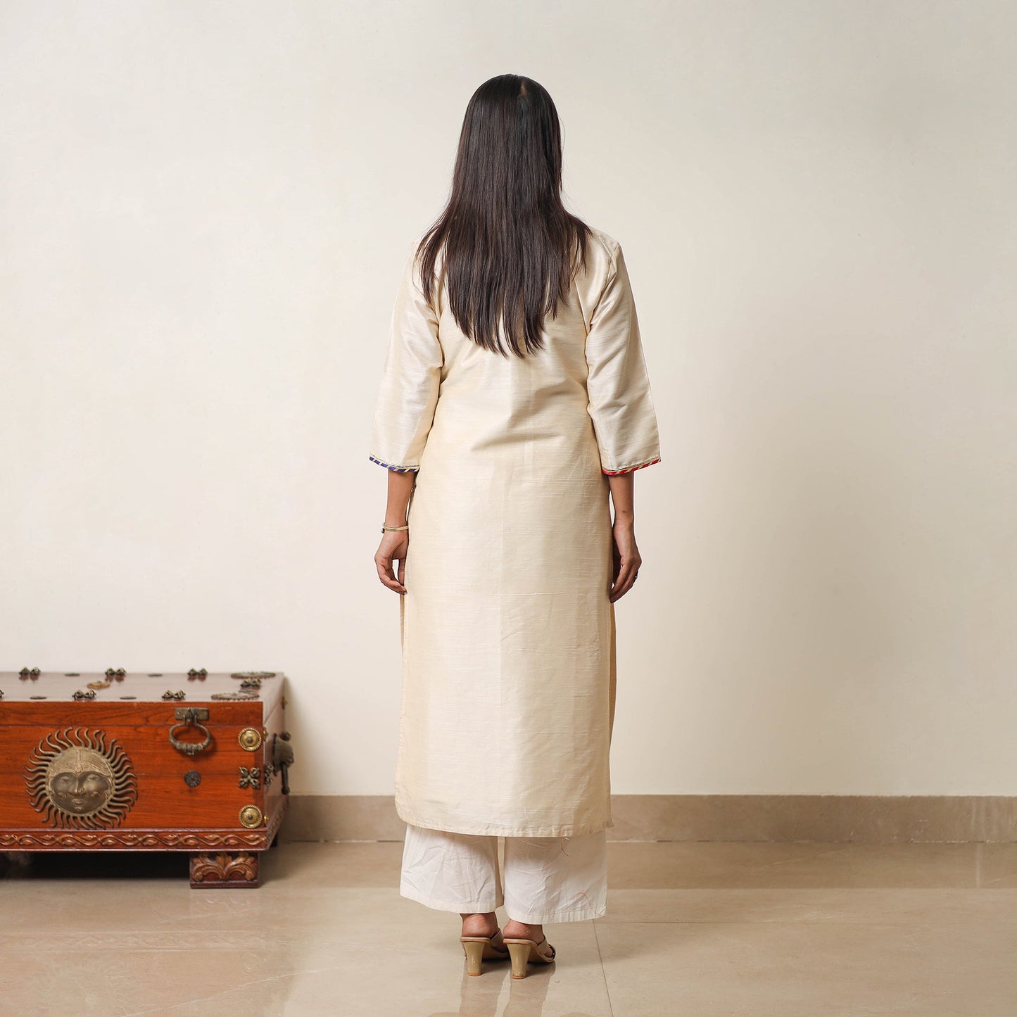 Buy Najia Cream Gota Work Slub Silk Plain Kurta for Women